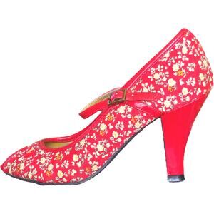 Madden Girl Mollyyy Red Ditsy Floral Print Fabric Retro Peep Toe Pumps Heels 7